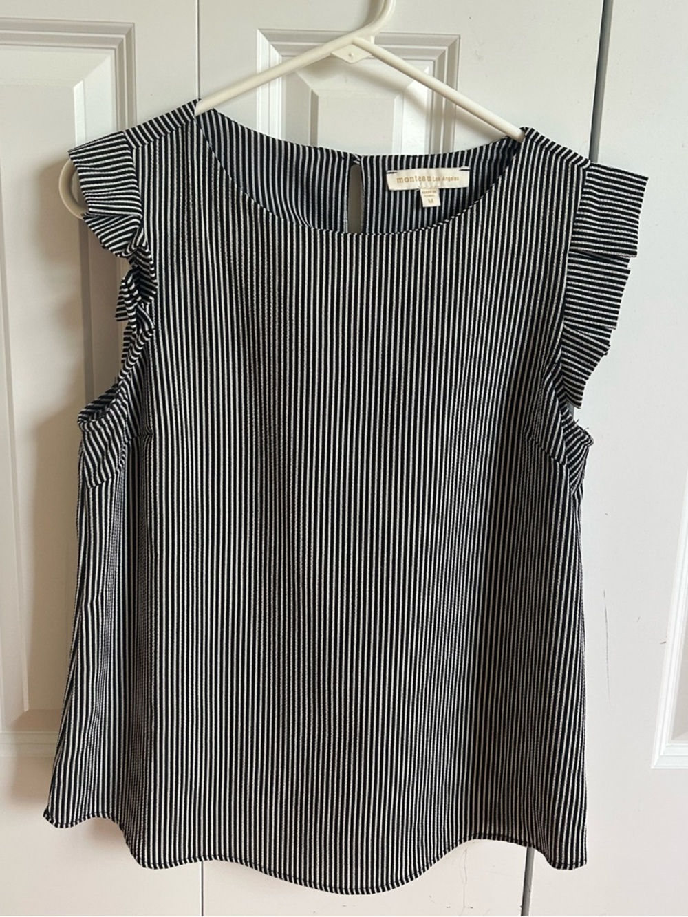 Monteau Black and White Striped Sleeveless Ruffle Top